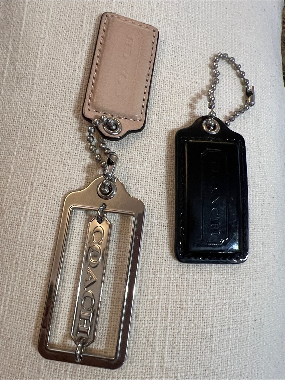 Coach Black Patent and Blush Leather Keychain Charms with Silver Hardware